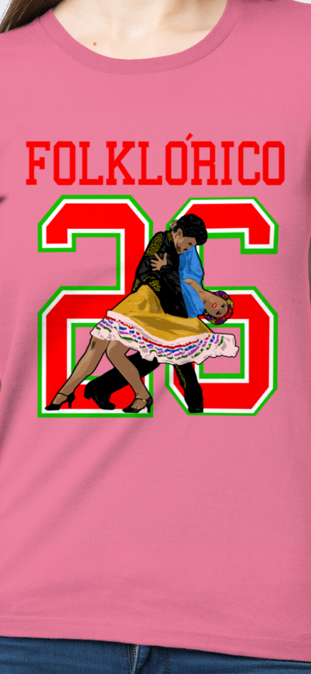Pink t-shirt with 'Folklorico' design featuring two people dancing and the number 26.